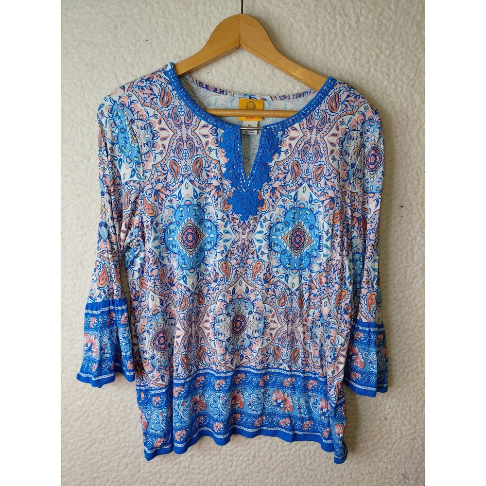 Ruby Rd Womens Blue Paisley Mandala Crochet Split Neck Bell Sleeve Top 42004 LV - Picture 1 of 5